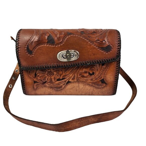 Vintage Genuine Leather Hand Tooled Brown Leather Western‎ Boho Shoulder Purse - Picture 1 of 16